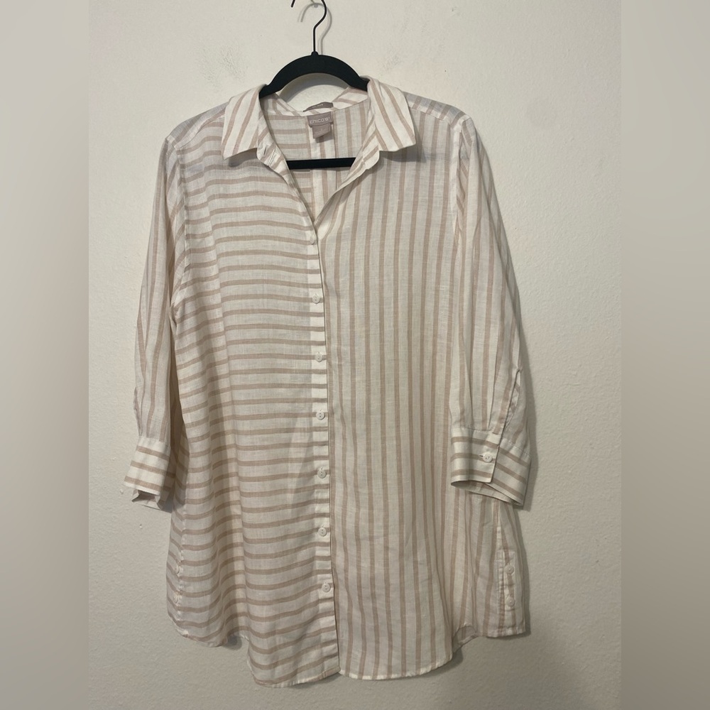 CHICO'S No Iron Linen Longline Striped Button Down Shirt
SIZE 2/ 12